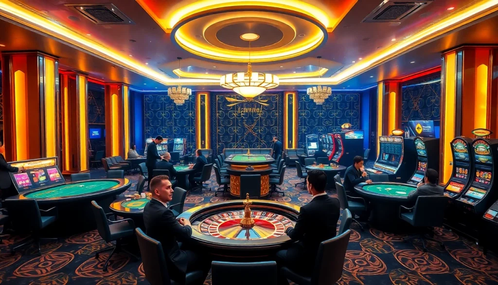 Players enjoying thrilling games at nhà cái 123WIN casino, surrounded by vibrant lights and excitement.