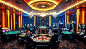 Players enjoying thrilling games at nhà cái 123WIN casino, surrounded by vibrant lights and excitement.