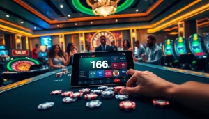 Experience the thrill of the 166bet App in a dynamic casino setting with excited players and classic games.