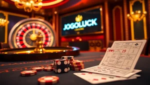 Experience the thrill of JOGOLUCK with vibrant casino tables and exciting gambling elements.