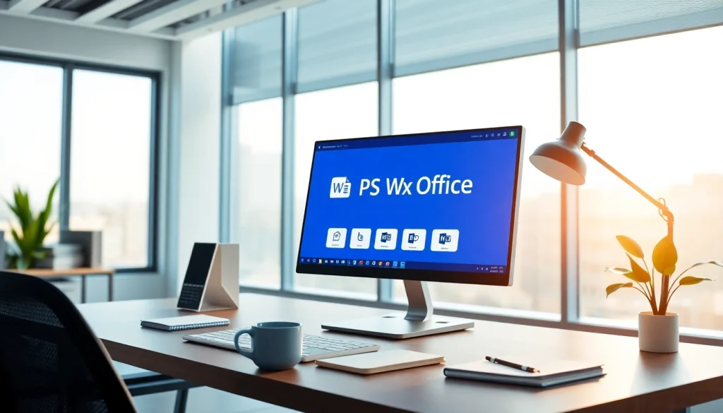 Modern office workspace showcasing wps下载 interface on computer, inviting and productive atmosphere.