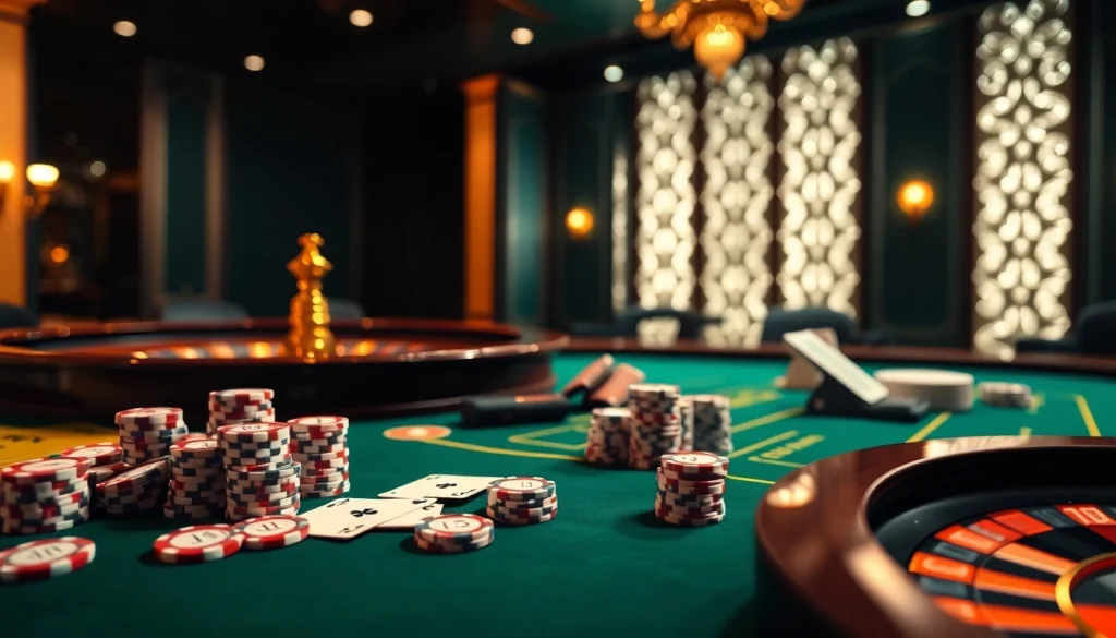 TOP VIP casino scene featuring poker chips and roulette wheel, embodying luxury and excitement.