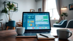 Enhance your engagement with https://whatalker.com, featuring a WhatsApp Business CRM on a laptop in a modern office.