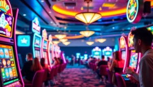 Exciting online casino scene featuring doaslot slot machines and enthusiastic players in vibrant colors.