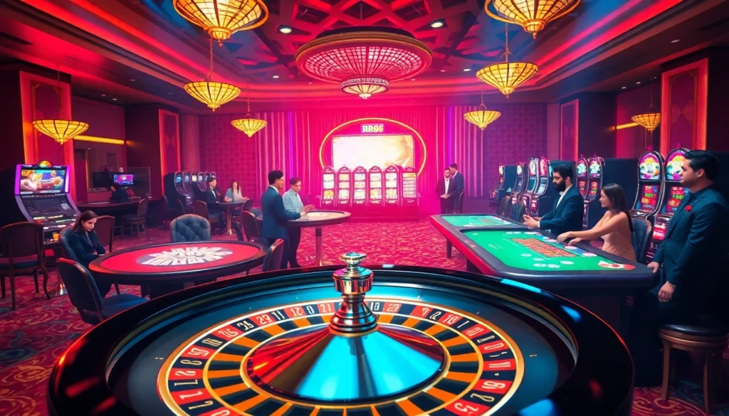 Engaged players enjoy the thrilling atmosphere of RR88 with poker tables, roulette wheels, and slot machines.
