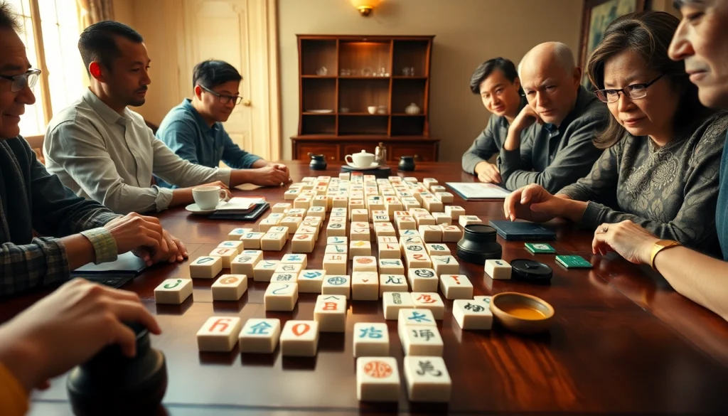 Permainan mahjong dengan ubin yang rumit dan suasana hangat, meningkatkan pengalaman bermain.