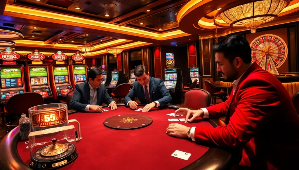 MM88 casino players excitedly betting at a high-stakes poker table with vibrant decor.