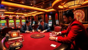 MM88 casino players excitedly betting at a high-stakes poker table with vibrant decor.