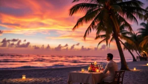 Stunning sunset at a tropical beach, ideal for travel destinations.