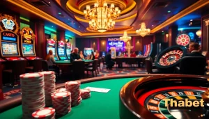 Players enjoying thrilling games at Thabet casino, featuring vibrant tables and poker chips.