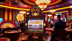 Exciting scene of a doaslot-themed casino with players at slot machines and roulette tables.
