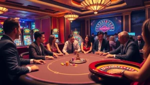 Experience the excitement of gambling at 32win3 with a lively casino scene featuring poker and slot machines.