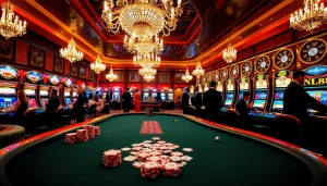 Players enjoying a high-stakes poker game at nk88 casino, featuring vibrant slot machines and luxurious decor.