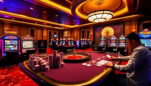 Experience thrilling gameplay at GG88's casino, featuring an array of poker chips and slot machines.