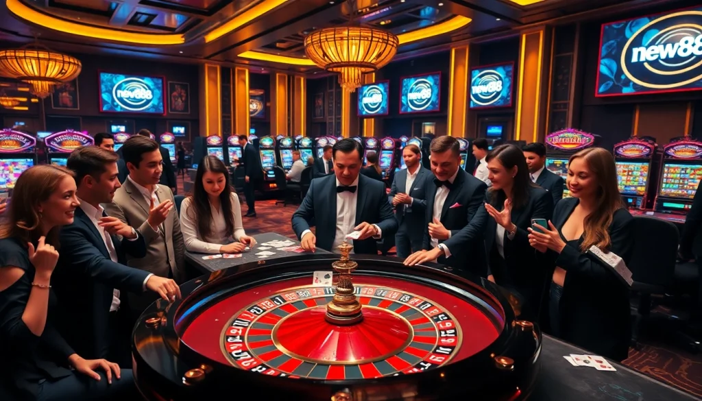 Experience the thrill of new888 at a luxurious casino with vibrant roulette and enthusiastic players.