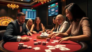 Engaging gamblers in a luxurious Lc88 casino scene with cards, chips, and roulette.
