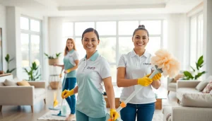 Cleaning service professionals organizing and dusting a spacious living room.