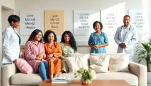 Supportive mothers engaging in maternal mental health in a cozy clinic environment.