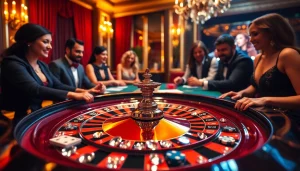 A diamond-encrusted roulette table with players betting in a luxurious casino setting, showcasing excitement and luxury.