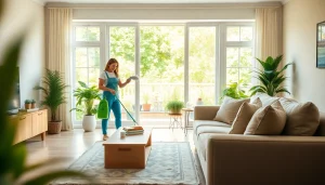 Clean house service at https://ecocleanellies.com showcasing a friendly team member organizing a tidy living room.