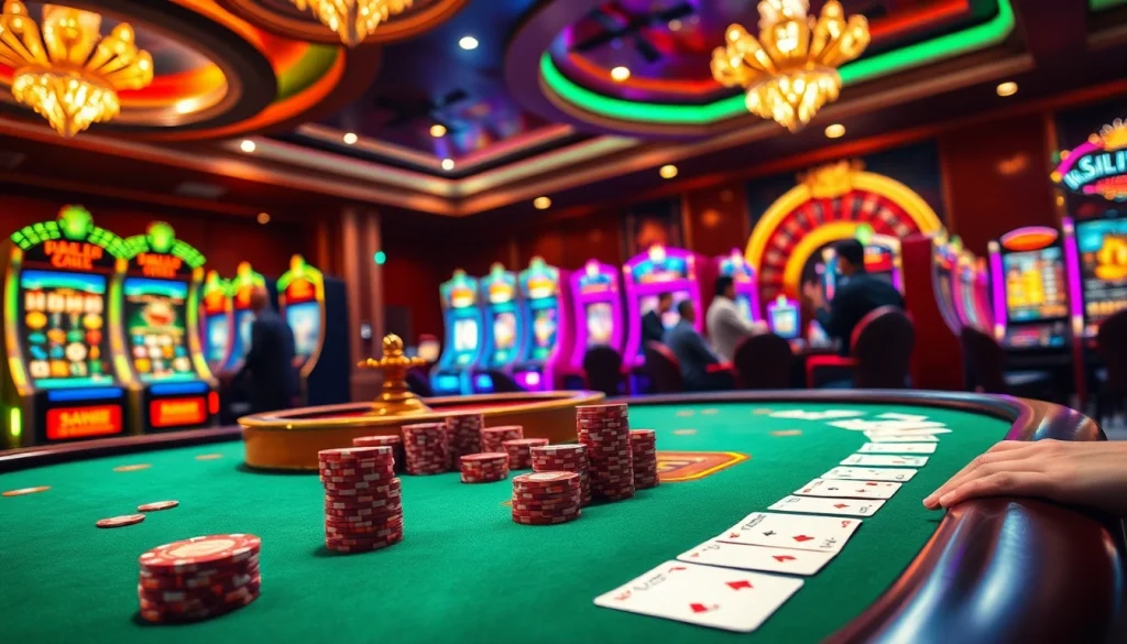 Players at a luxurious casino with win55 chips on a vibrant poker table and a spinning roulette wheel.