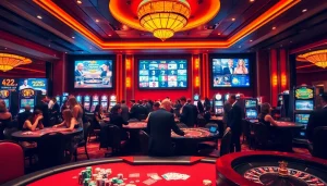 Players enjoying a thrilling gaming experience at 32win's luxurious casino floor.