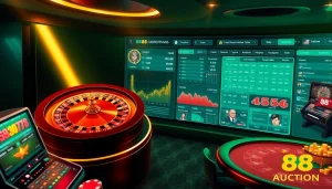 Experience excitement at RR88 Auction with professional gaming elements, including casino tables and betting stats.