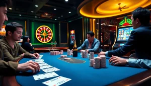 I9bet online gamblers enjoying an exhilarating poker game at a stylish casino table.