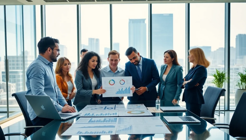 Engage in a professional business meeting showcasing diverse participants analyzing financial data.