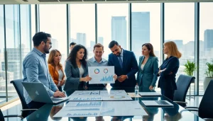 Engage in a professional business meeting showcasing diverse participants analyzing financial data.