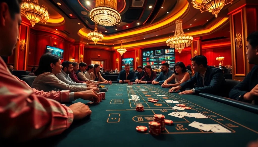 Exciting gaming atmosphere at 8Kbet featuring poker and baccarat tables.