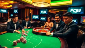Players enjoying high-stakes poker at FC88 casino table with vibrant atmosphere.