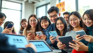 Youdao Dictionary app users engaged in language learning across devices in a modern setting.