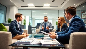 Engage with Real Estate agents in a modern office, showcasing professionalism and customer trust.