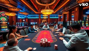 Experience the thrill of vn168 casino gaming with vibrant poker tables and elegant decor.