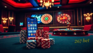 Players engage with the 67bet app while enjoying a luxury casino environment with poker and roulette.