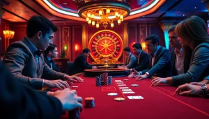 A vibrant live casino poker scene showcasing https://bong99.pro/ excitement with dealers and colorful chips.