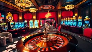 Experience an exhilarating gambling environment with 주소모음, featuring poker chips and slot machines.
