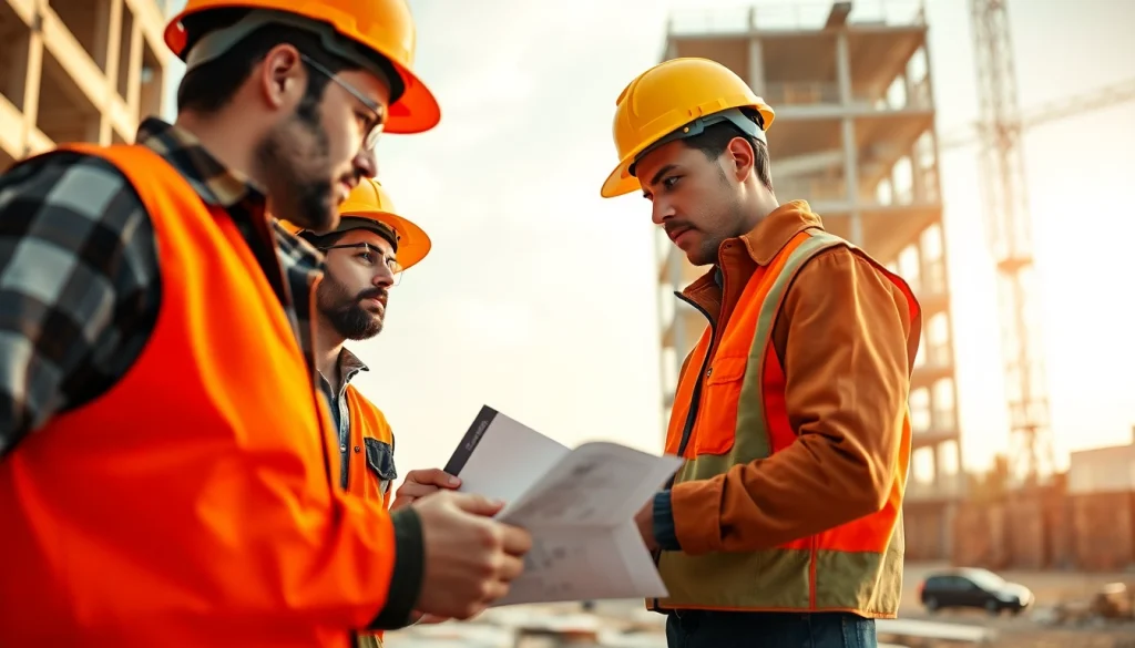 Engaged professionals pursuing Careers in construction at a busy job site with teamwork and tools.