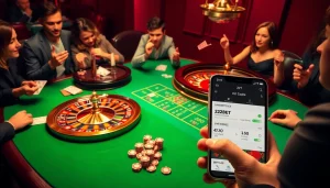 Players engaging in high-stakes gaming with the 22bet platform, showcasing excitement at a casino table.