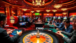 Players engaging at a casino table, highlighting the C168 com experience with dynamic action shots.