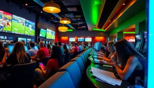 Engaged bettors enjoying sportsbooks in Oklahoma in a vibrant gaming environment