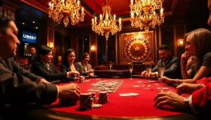 U888 casino players engaging in an exciting high-stakes poker game with chips and cards.