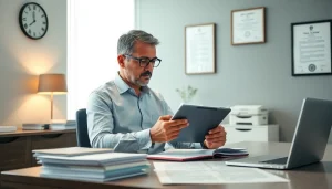 Professional traductor jurado reviewing official documents in a modern office setting.