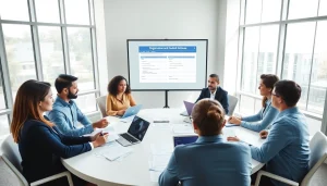 Professionals engaging in registration and certification in Federal databases discussion in a bright office.