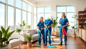 Cleaning service team enhancing a bright, beautiful living room space.