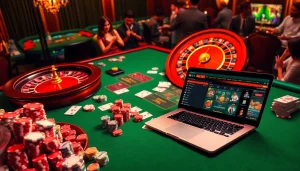 Engaging scene of an online casino experience at https://rr88.pizza/ showcasing a luxurious atmosphere with poker chips and a roulette wheel.
