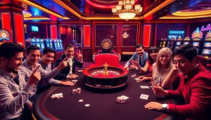 iwin players engaging in high-stakes poker action at a luxurious casino table.