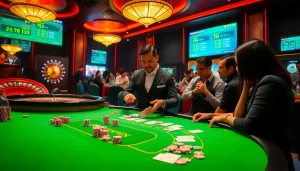 Engaging poker players at Sunwin's luxurious casino table with vibrant chips and cards.