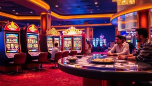 Nổ hũ kkwin slot machines spinning with excitement in a luxurious casino environment.